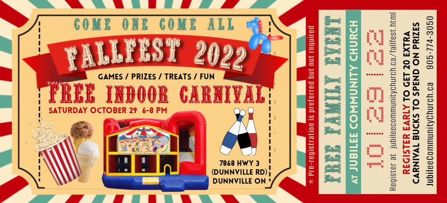 Fallfest 2022 Flyer - Free Indoor Carnival on October 29, 2022 at Jubilee Community Church in Dunnville